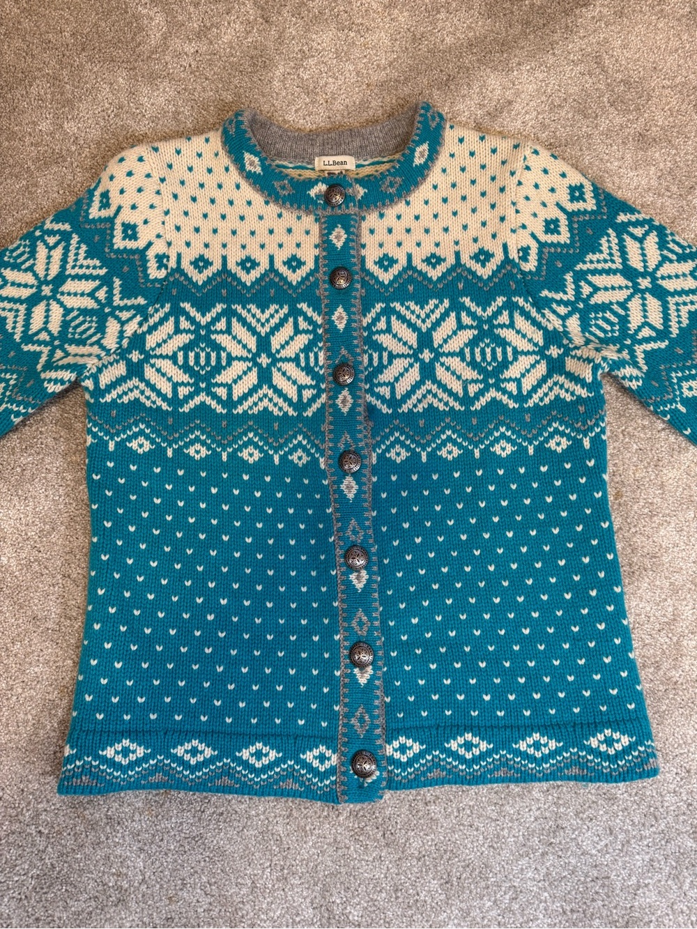L.L. Bean 100% Lambswool Fair Isle Cardigan XS Nordic Sweater Blue White Classic
